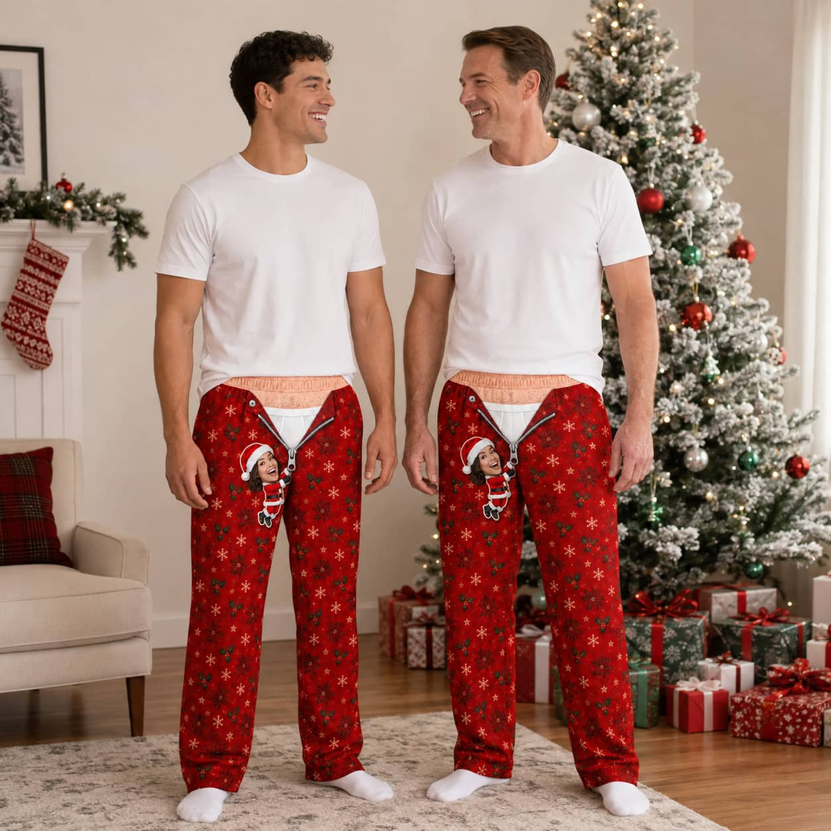 Mens Christmas Pajama Pants Novelty Zipper Print Holiday Loungewear