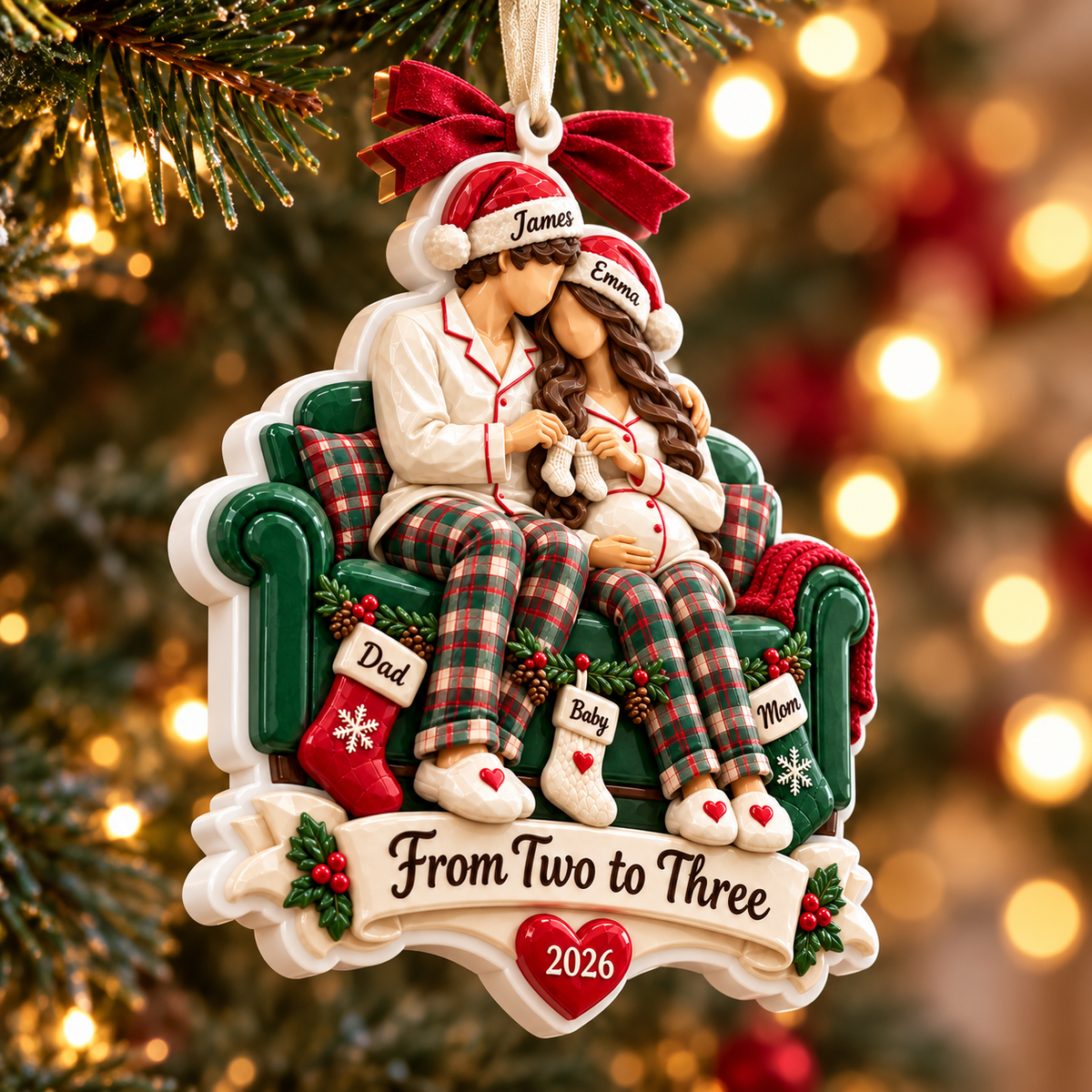 Expecting Couple on Green Couch Holiday Keepsake - 3D Relief Ornament