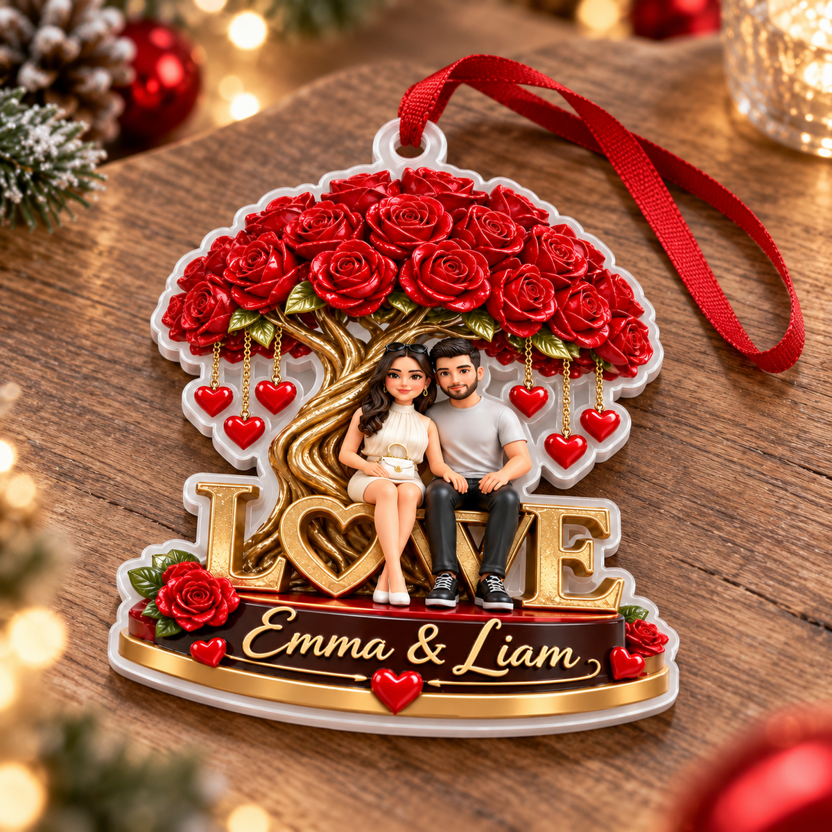 Couple Sitting Under Red Rose Tree Love Keepsake Acrylic Hanging Decor - 3D Relief Ornament