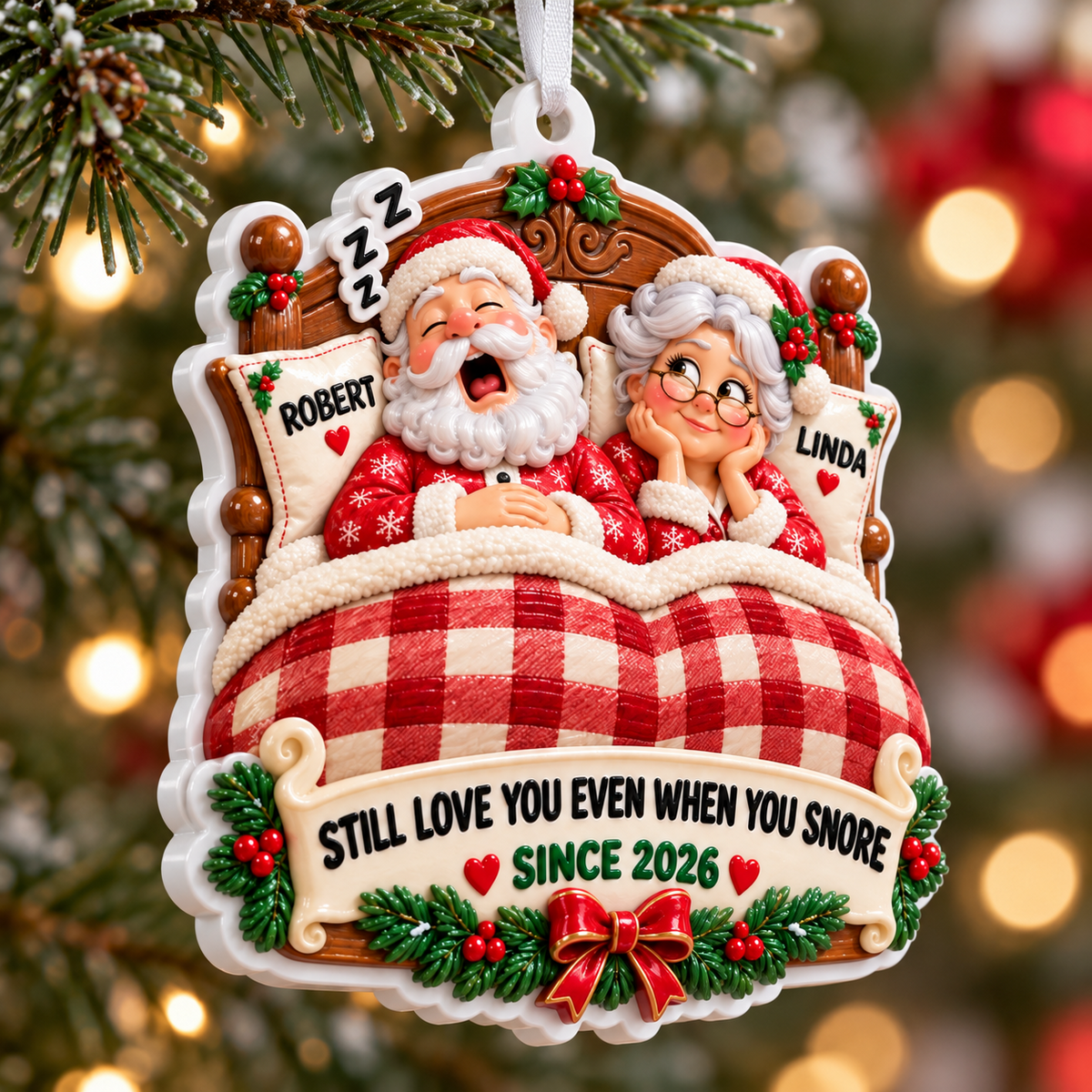 Sleeping Couple in Bed with Plaid Quilt Holiday Keepsake - 3D Relief Ornament