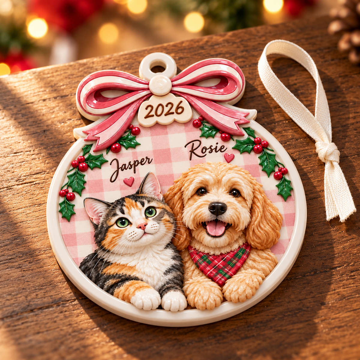 Dog and Cat Holiday Tree Hanging Keepsake with Pink Gingham Bow - 3D Relief Ornament