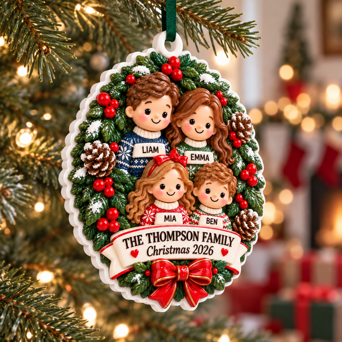 Family of Four Christmas Wreath Medallion with Red Ribbon Bow - 3D Relief Ornament