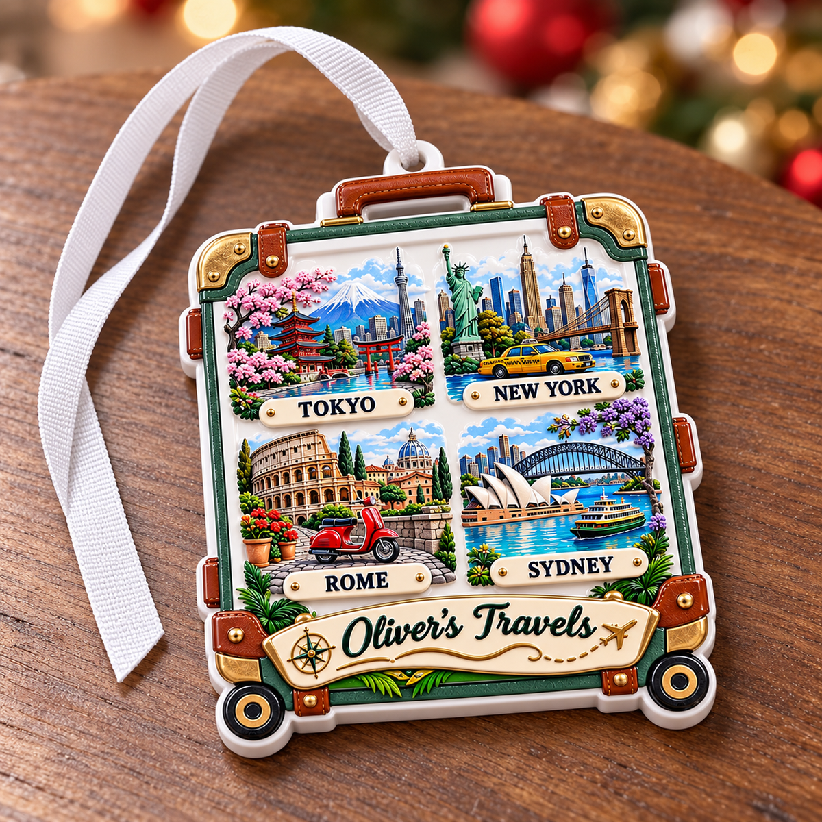 Travel Suitcase Luggage City Landmarks Hanging Holiday Keepsake - 3D Relief Ornament