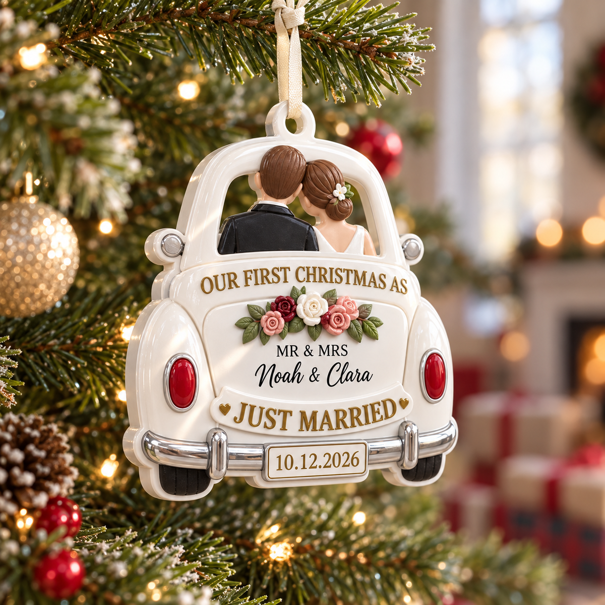 Just Married Vintage Getaway Car First Christmas Newlywed Couple Holiday Keepsake - 3D Relief Ornament