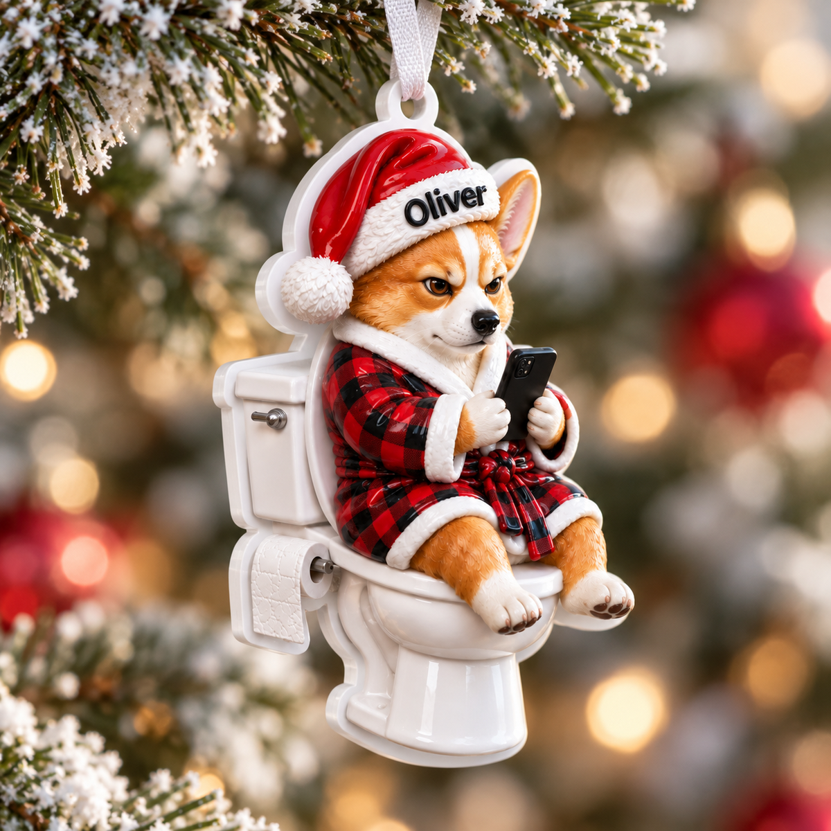 Corgi Dog on Toilet in Plaid Robe Christmas Holiday Tree Hanging Decor - 3D Relief Ornament