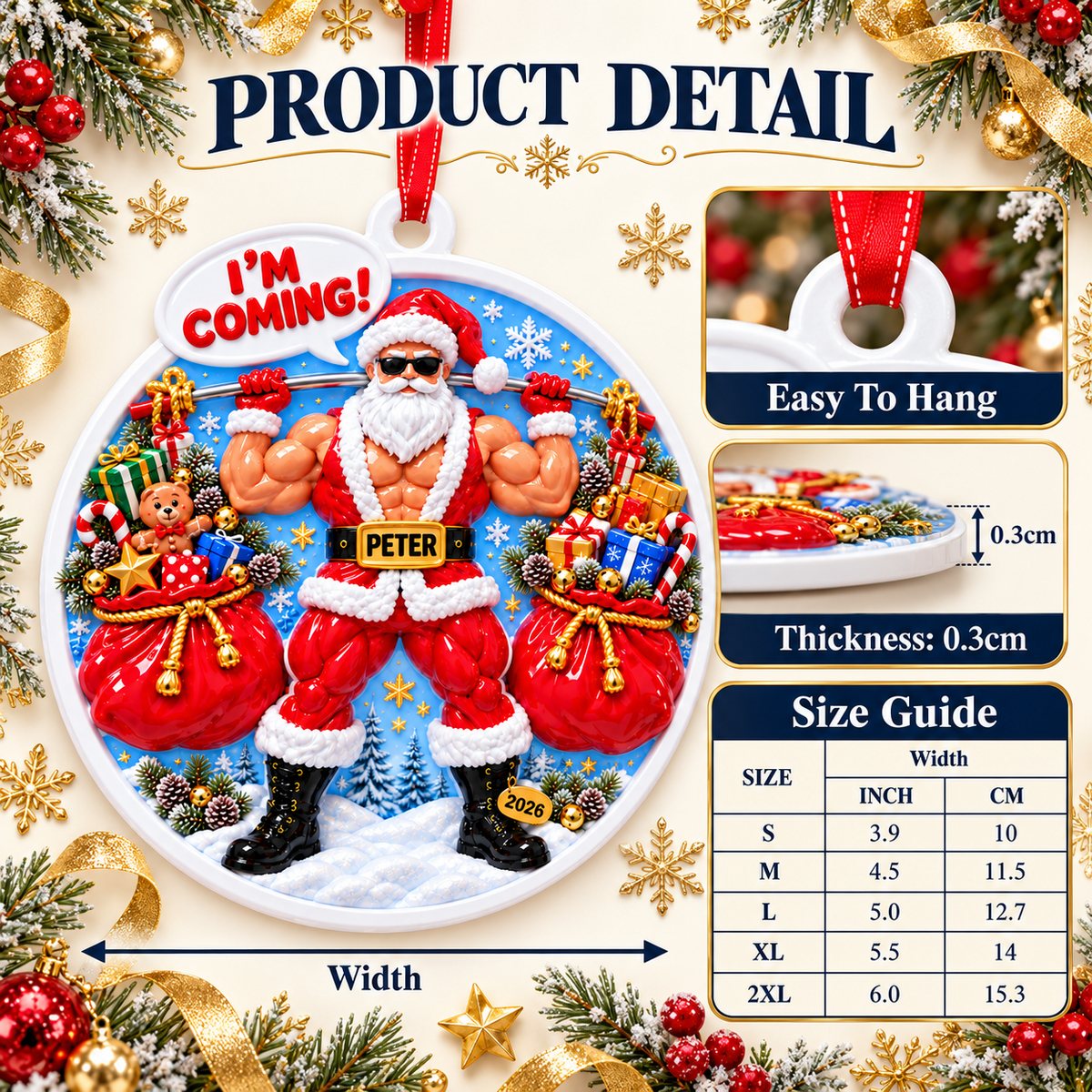Muscular Weightlifting Santa Claus Round Acrylic Holiday Tree Hanging - 3D Relief Ornament