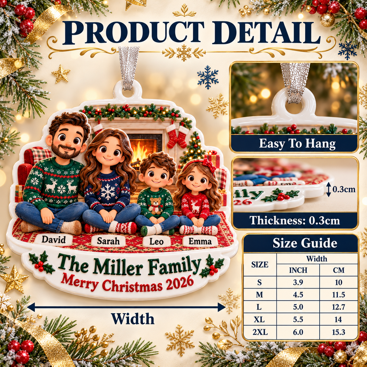 Family of Four by the Fireplace Cartoon Holiday Keepsake - 3D Relief Ornament