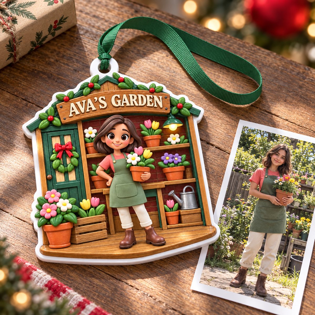 Female Gardener Potting Shed Flowers and Greenhouse Scene Hanging Keepsake - 3D Relief Ornament