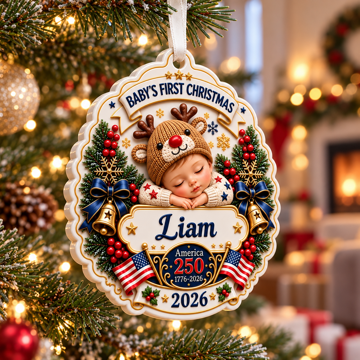 Baby's First Christmas America 250 Semiquincentennial Sleeping Newborn Holiday Medallion - 3D Relief Ornament