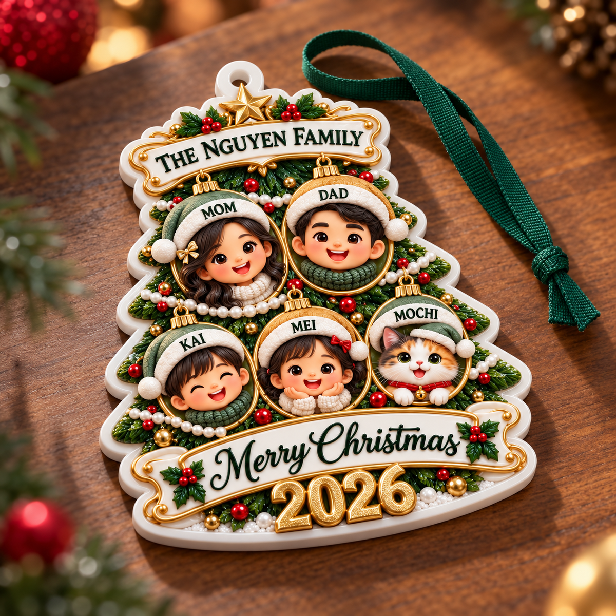 Christmas Tree Family of 5 with Pet Bauble Holiday Tree Hanging Keepsake - 3D Relief Ornament
