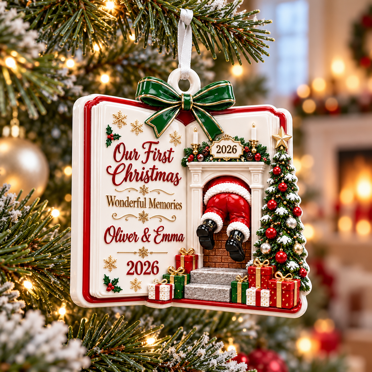Gift Box Shaped Glossy White Ceramic Holiday Tree Hanging Decor - 3D Relief Ornament
