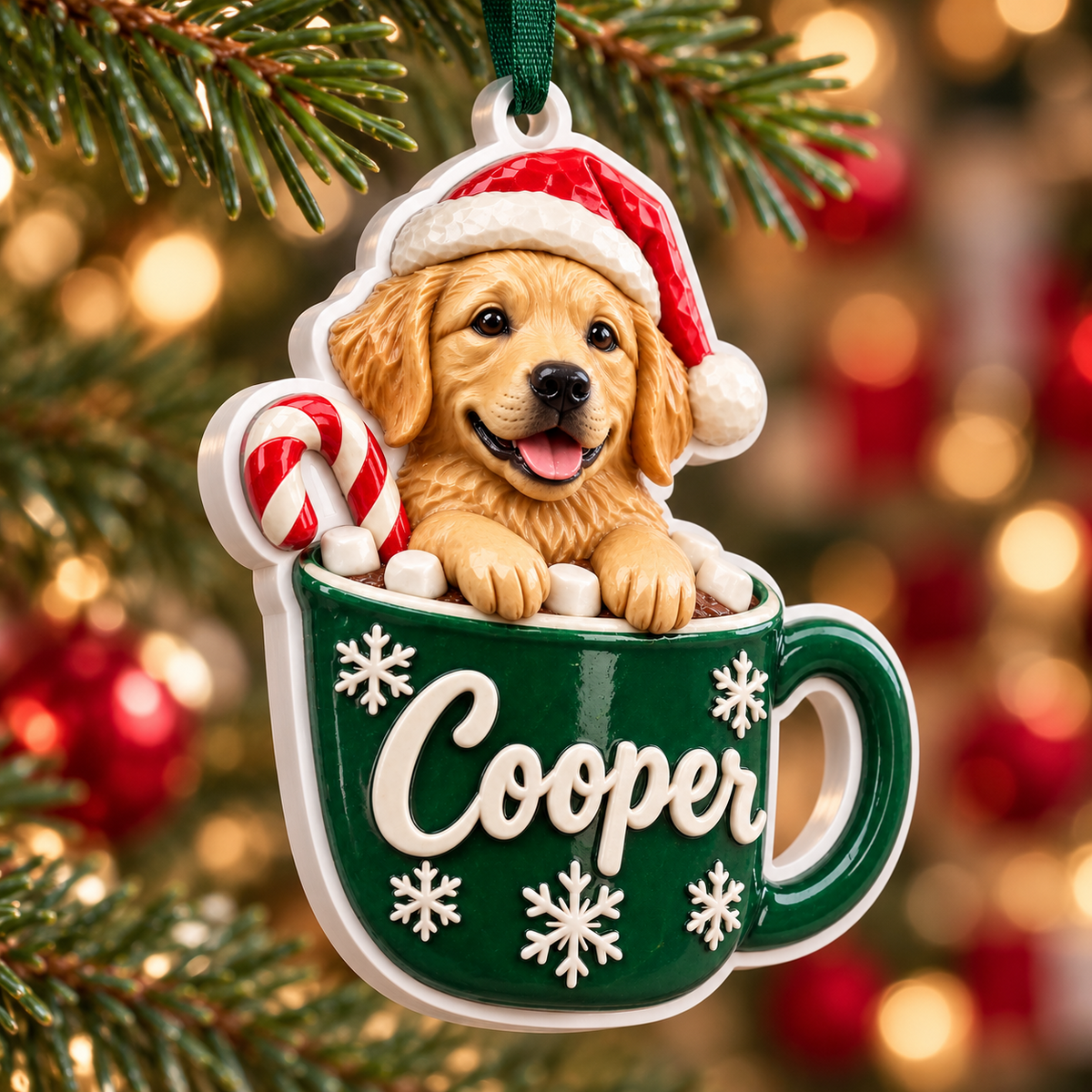 Golden Retriever Puppy in Cocoa Mug Christmas Tree Hanging Decor - 3D Relief Ornament