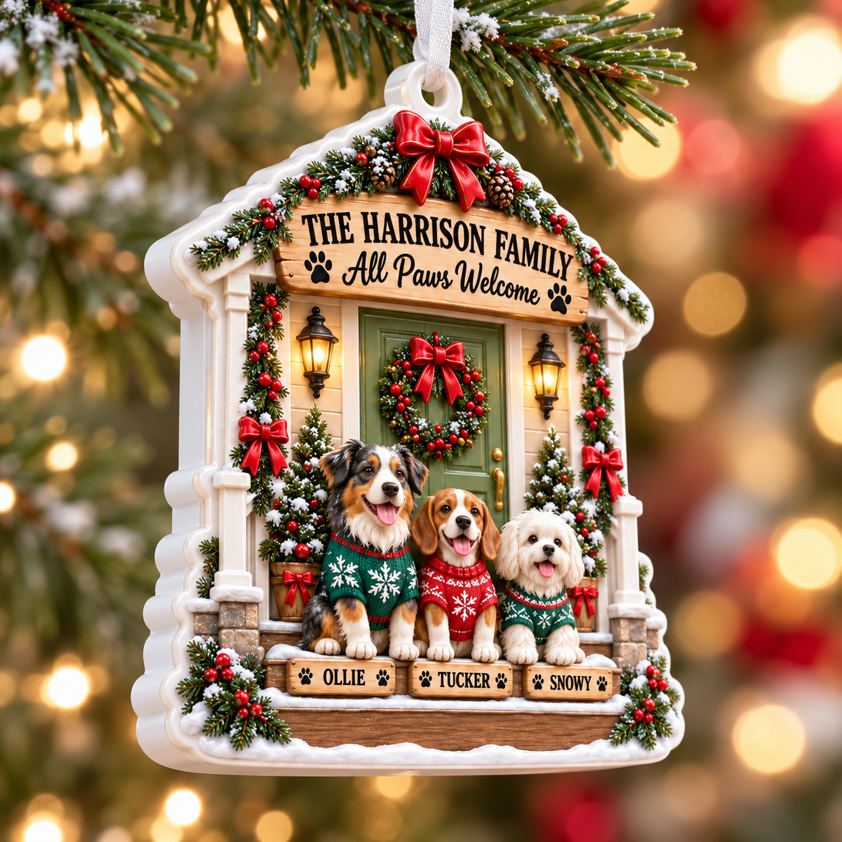 Christmas Front Porch Dogs Holiday Tree Hanging Plaque - 3D Relief Ornament