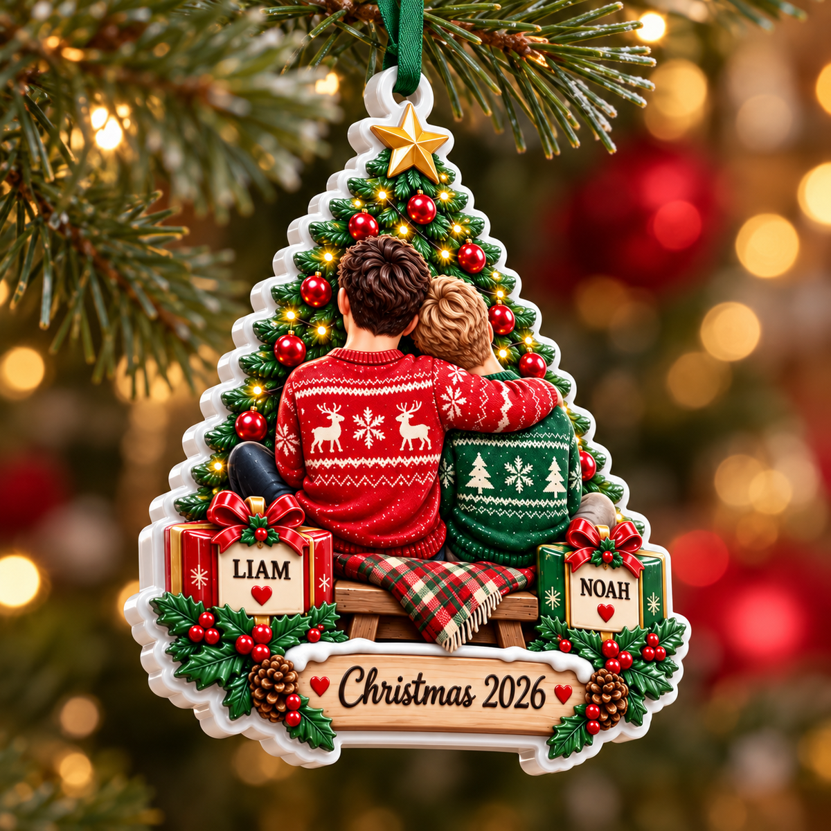 Couple Sitting by Christmas Tree Acrylic Hanging Plaque - 3D Relief Ornament