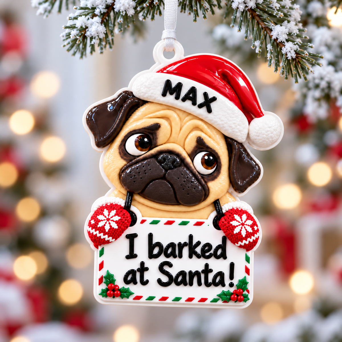 Christmas Pug Dog with Santa Hat and Confession Sign Hanging Holiday Keepsake - 3D Relief Ornament