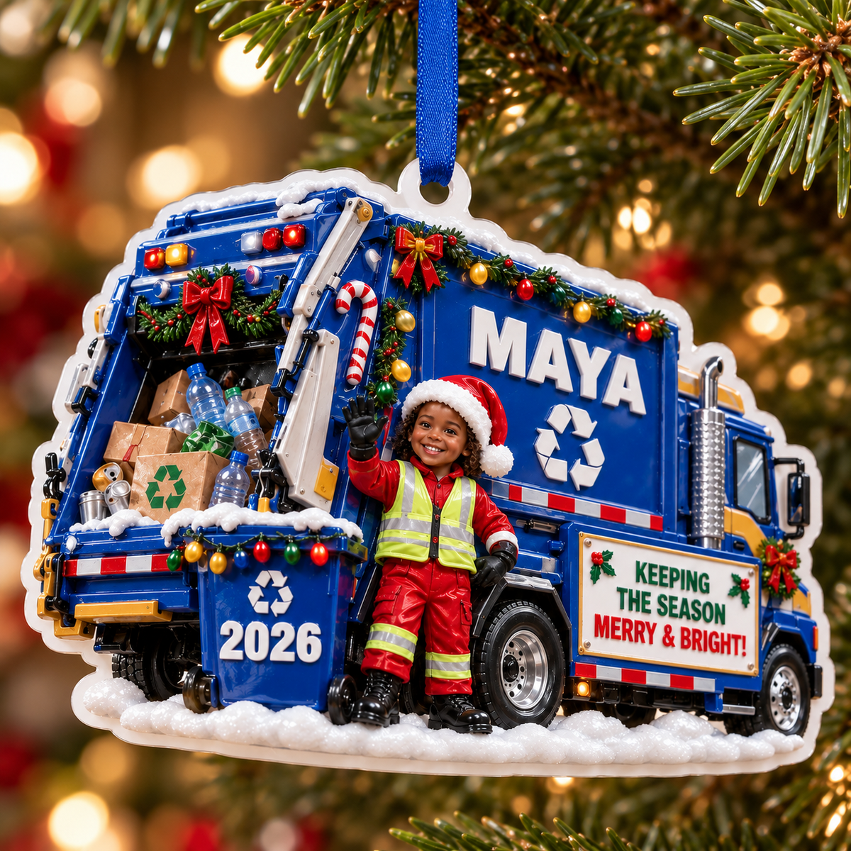 Recycling Garbage Truck Holiday Keepsake with Little Worker - 3D Relief Ornament