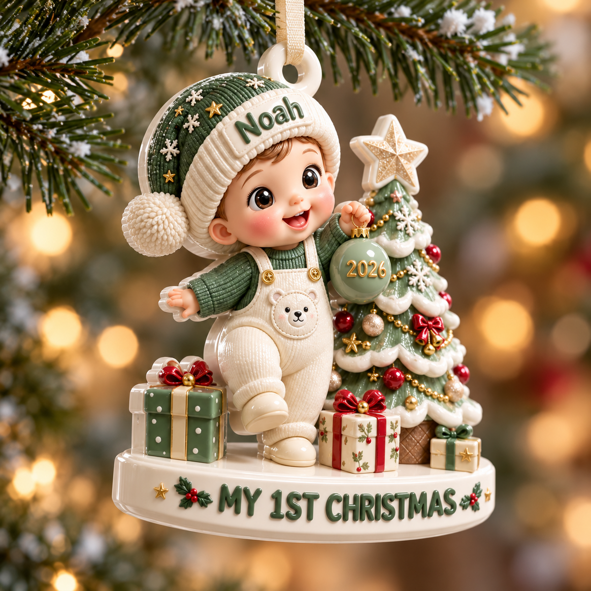 Baby Boy First Christmas Tree Scene Polyresin Figurine Keepsake - 3D Relief Ornament