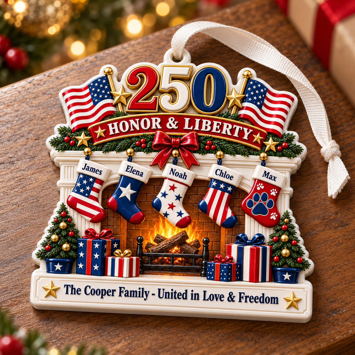Patriotic Fireplace Christmas Tree Hanging Decor with American Flags - 3D Relief Ornament