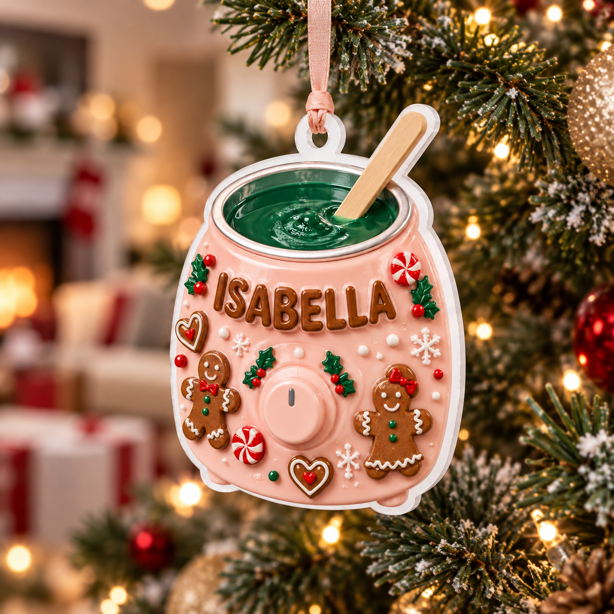 Pink Wax Warmer Esthetician Holiday Gingerbread Tree Decor - 3D Relief Ornament