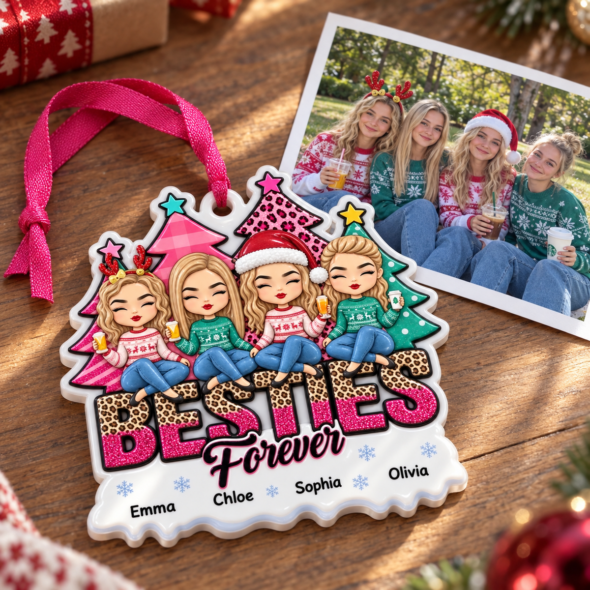Four Friends Christmas Hanging Keepsake with Winter Holiday Trees - 3D Relief Ornament