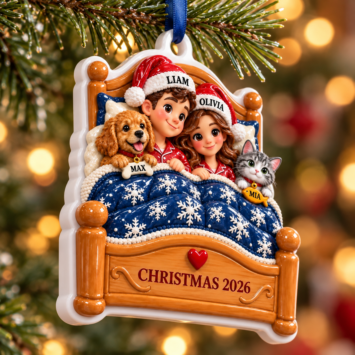 Couple with Dog and Cat in Bed Holiday Keepsake - 3D Relief Ornament