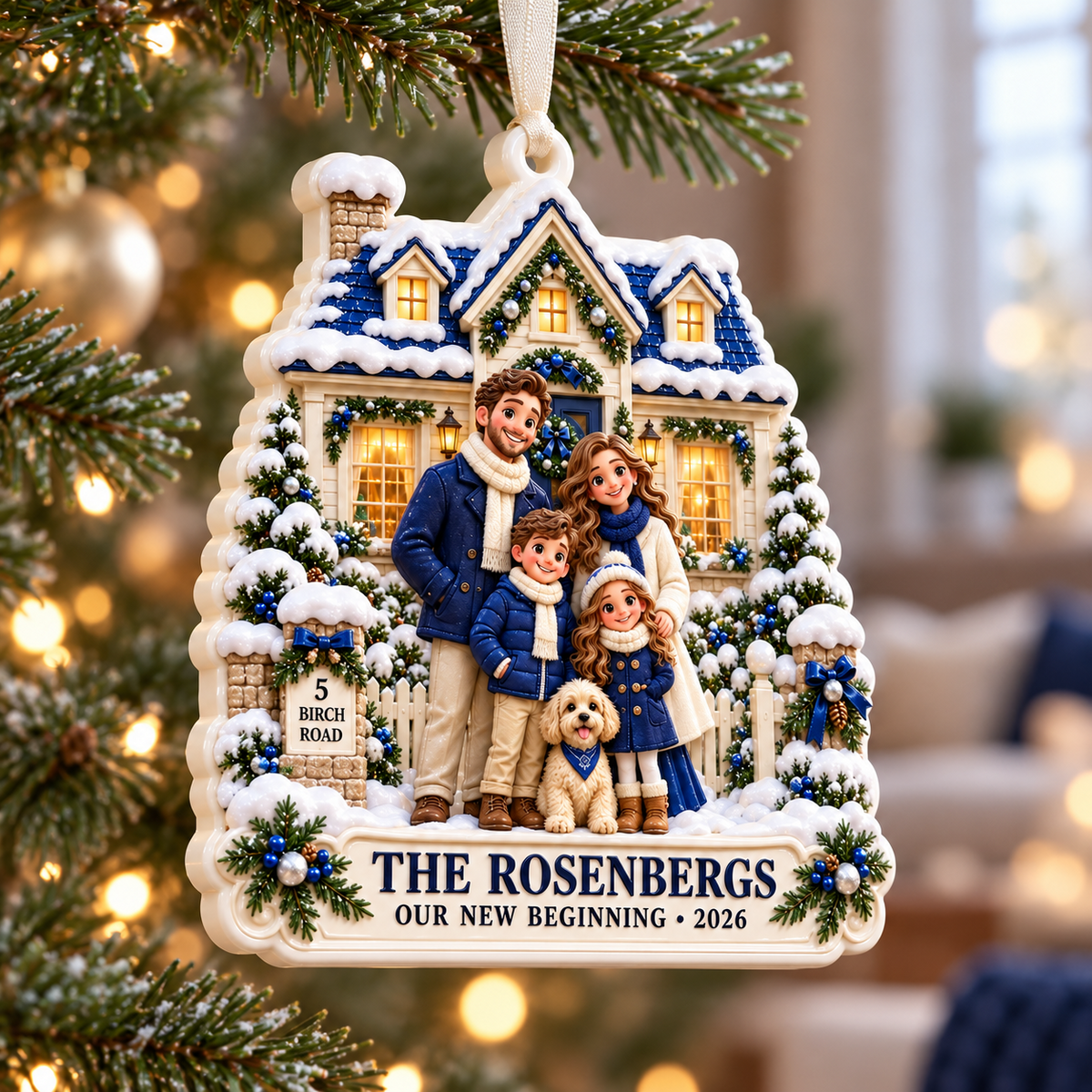 New Home Family with Dog and Snowy House Winter Keepsake - 3D Relief Ornament