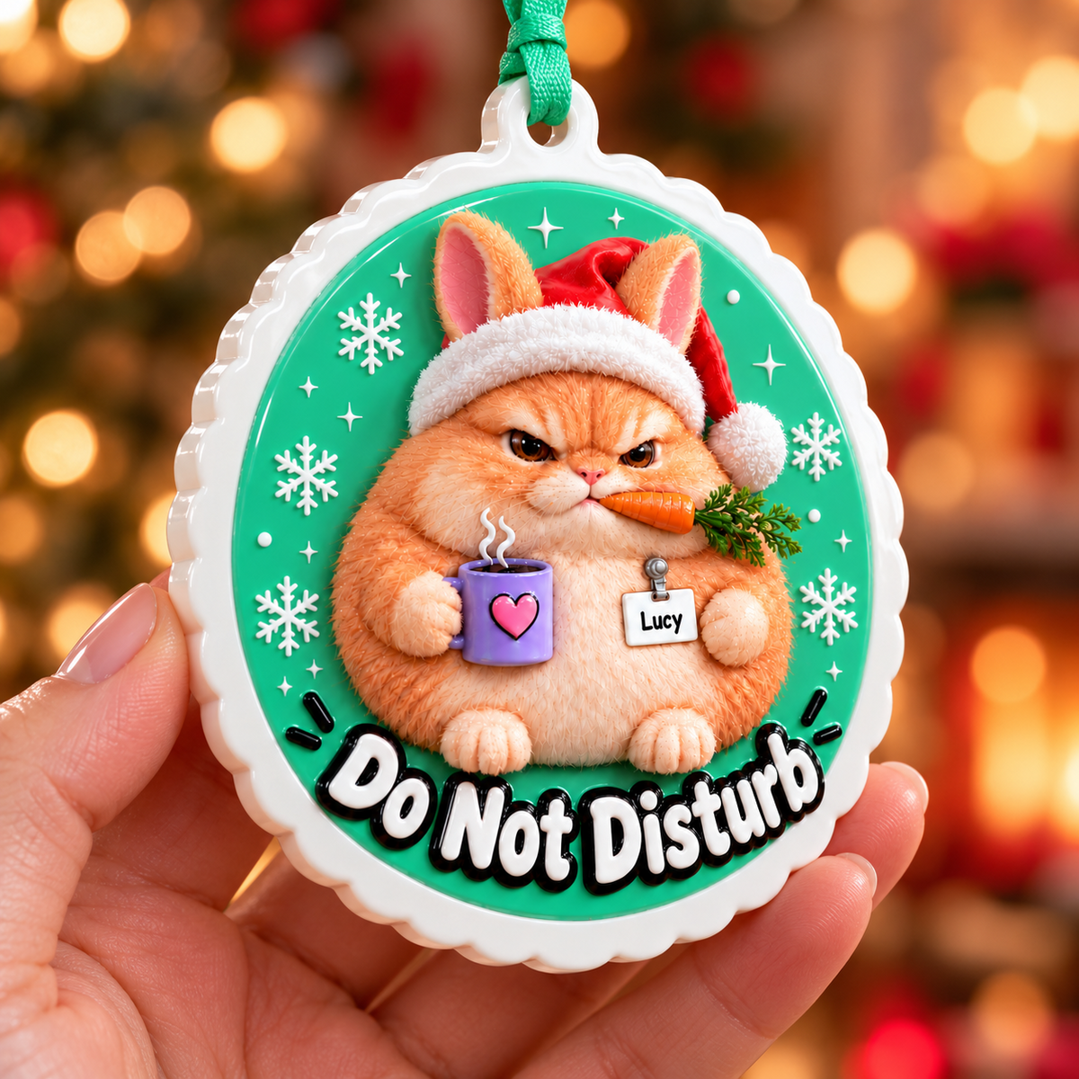 Grumpy Fluffy Bunny in Santa Hat with Coffee Cup Medallion - 3D Relief Ornament