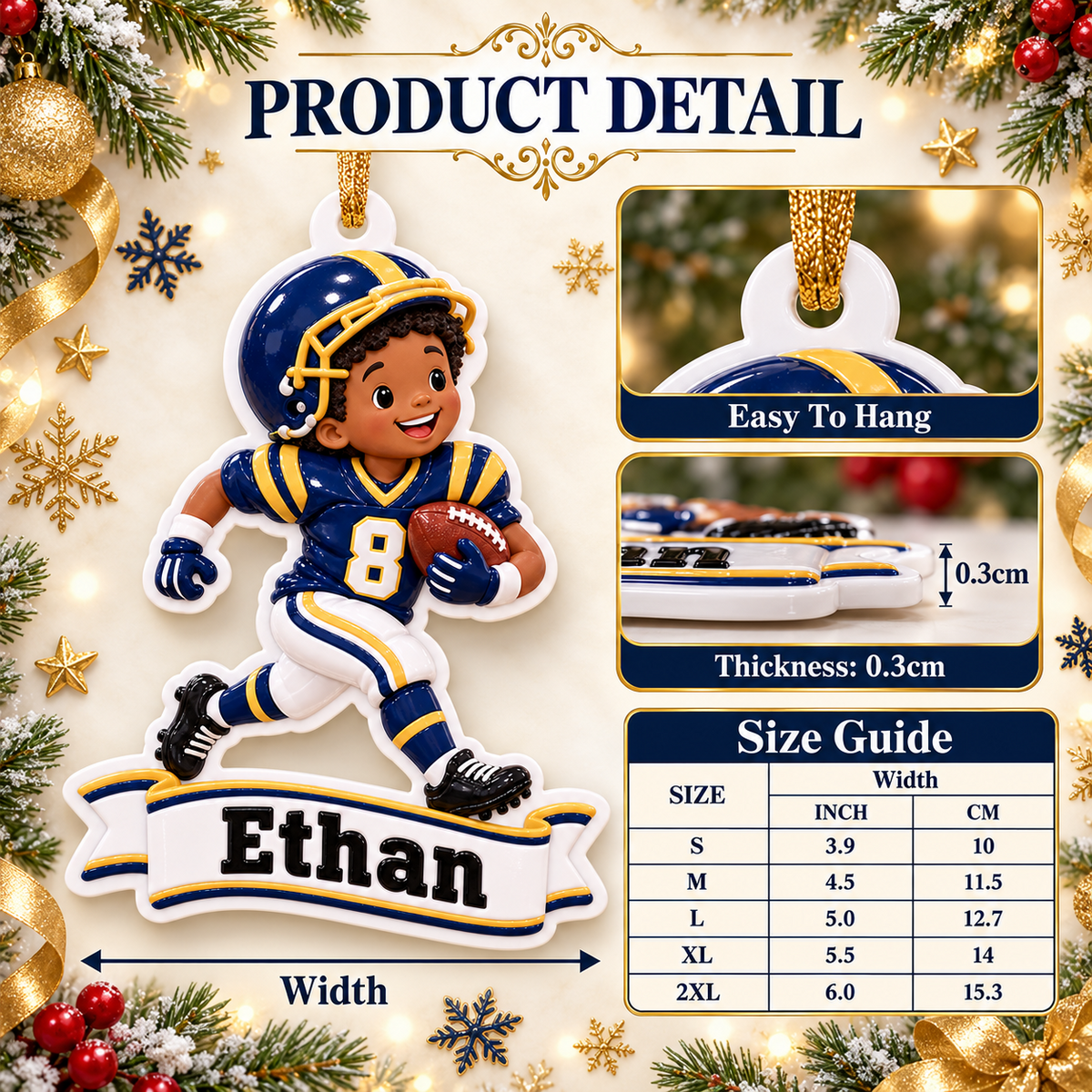 Youth Football Player Running with Ball Blue and Gold Sports - 3D Relief Ornament