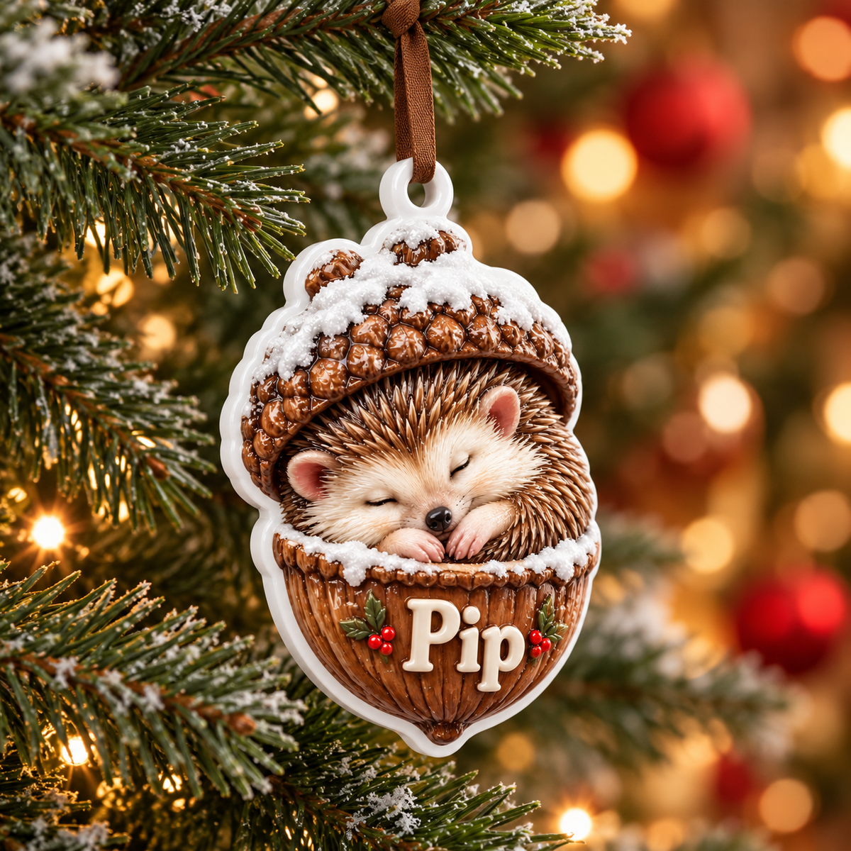 Sleeping Hedgehog in Acorn Shell Holiday Tree Decoration - 3D Relief Ornament