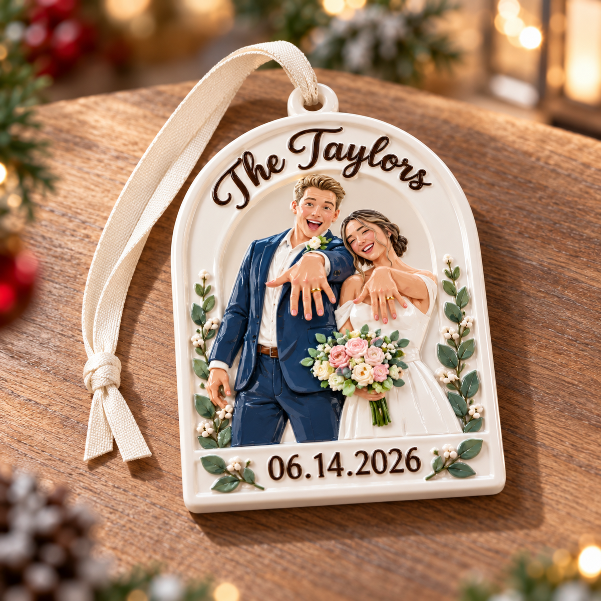 Newlywed Wedding Couple Arch Hanging Keepsake with Ribbon - 3D Relief ...