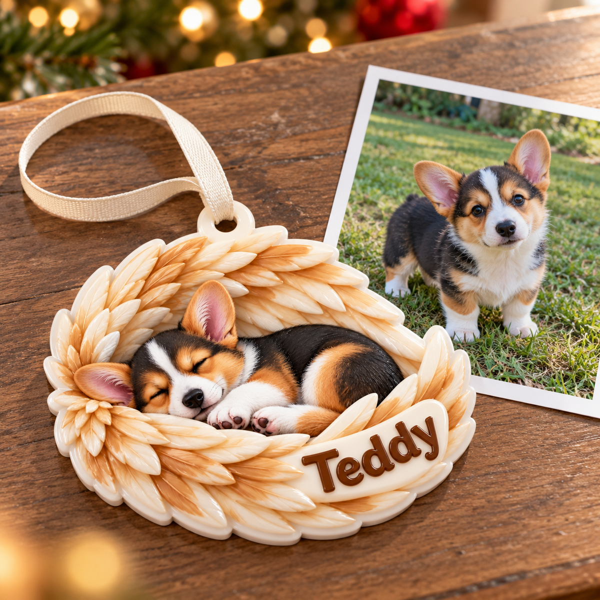 Sleeping Corgi Puppy with Angel Wings Hanging Holiday Keepsake - 3D Relief Ornament