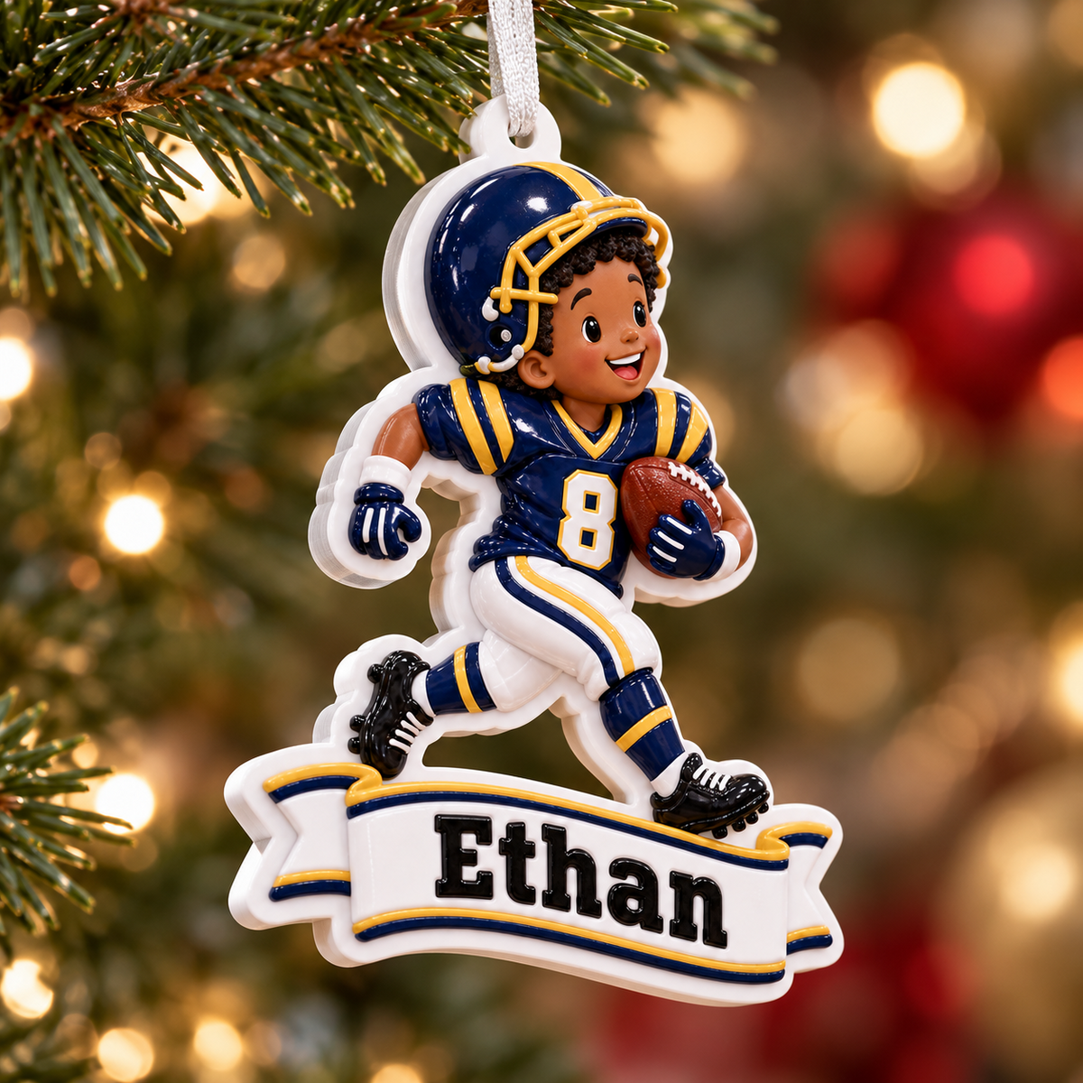 Youth Football Player Running with Ball Blue and Gold Sports - 3D Relief Ornament