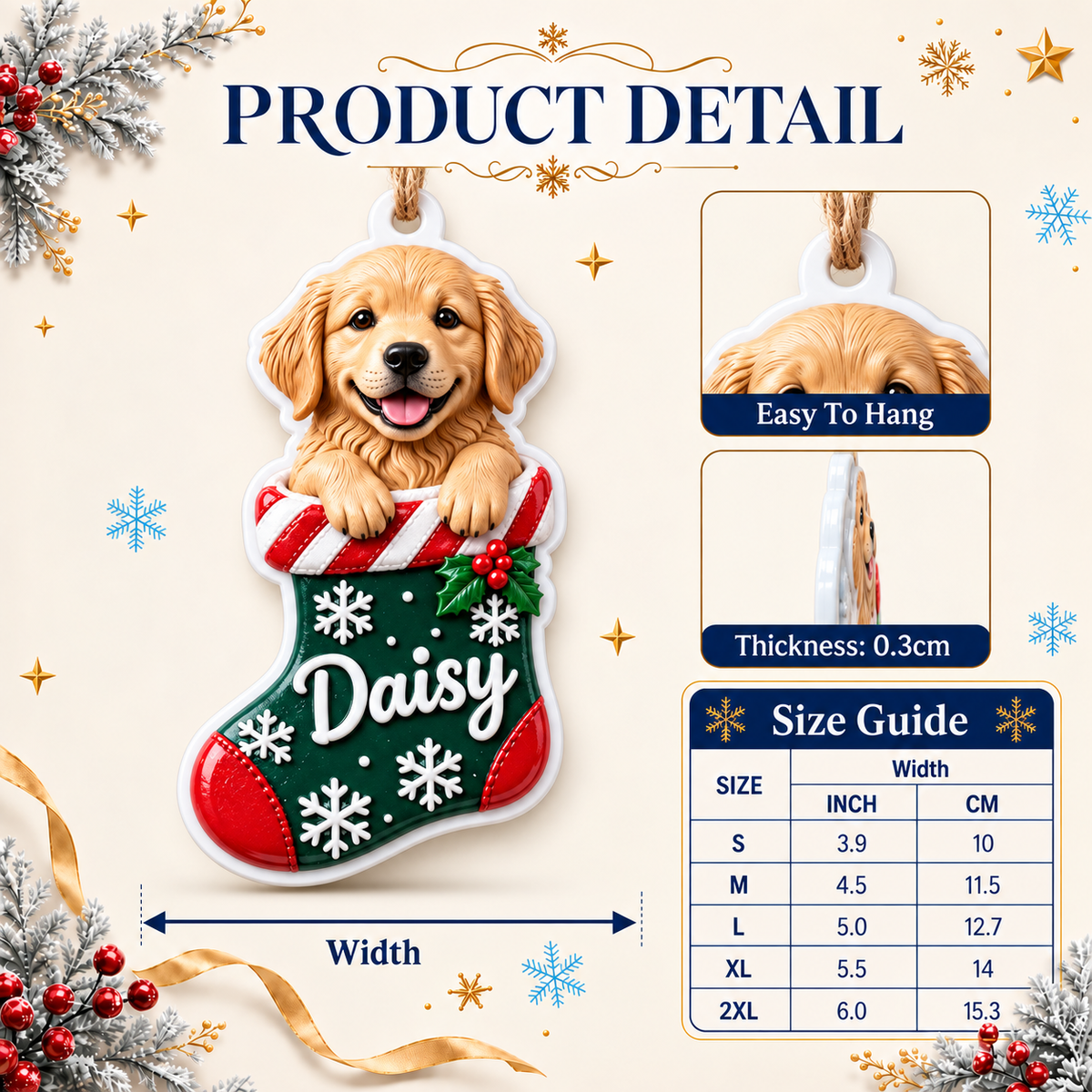 Golden Retriever Puppy in Christmas Stocking Holiday Tree Hanging Decor - 3D Relief Ornament