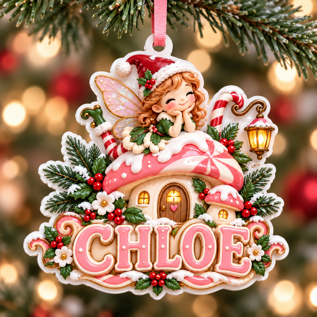 Christmas Fairy Mushroom House Acrylic Hanging Holiday Decor - 3D Relief Ornament