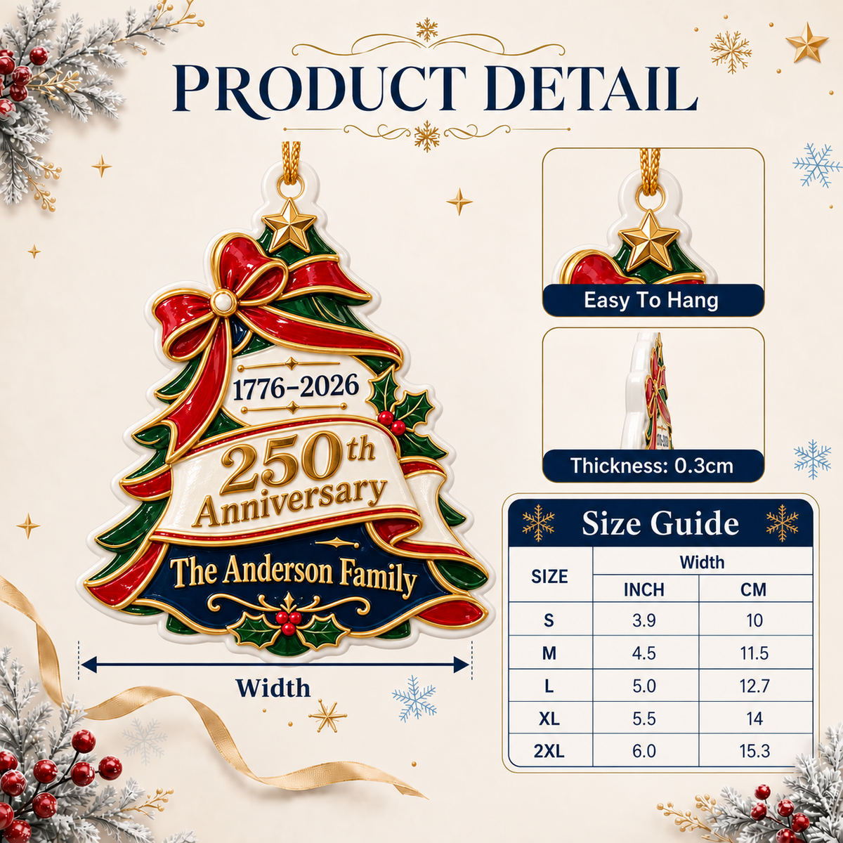 America 250th Anniversary 1776-2026 Christmas Tree Holiday Keepsake - 3D Relief Ornament