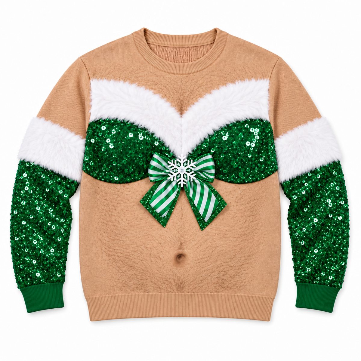 Ugly Christmas Sweatshirt Hairy Chest Sequin Bra Bow Crewneck