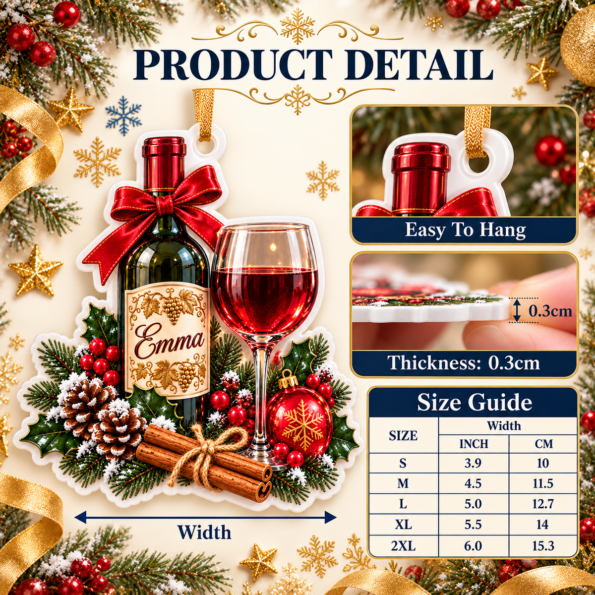 Red Wine Bottle and Glass Christmas Tree Holiday Decoration - 3D Relief Ornament