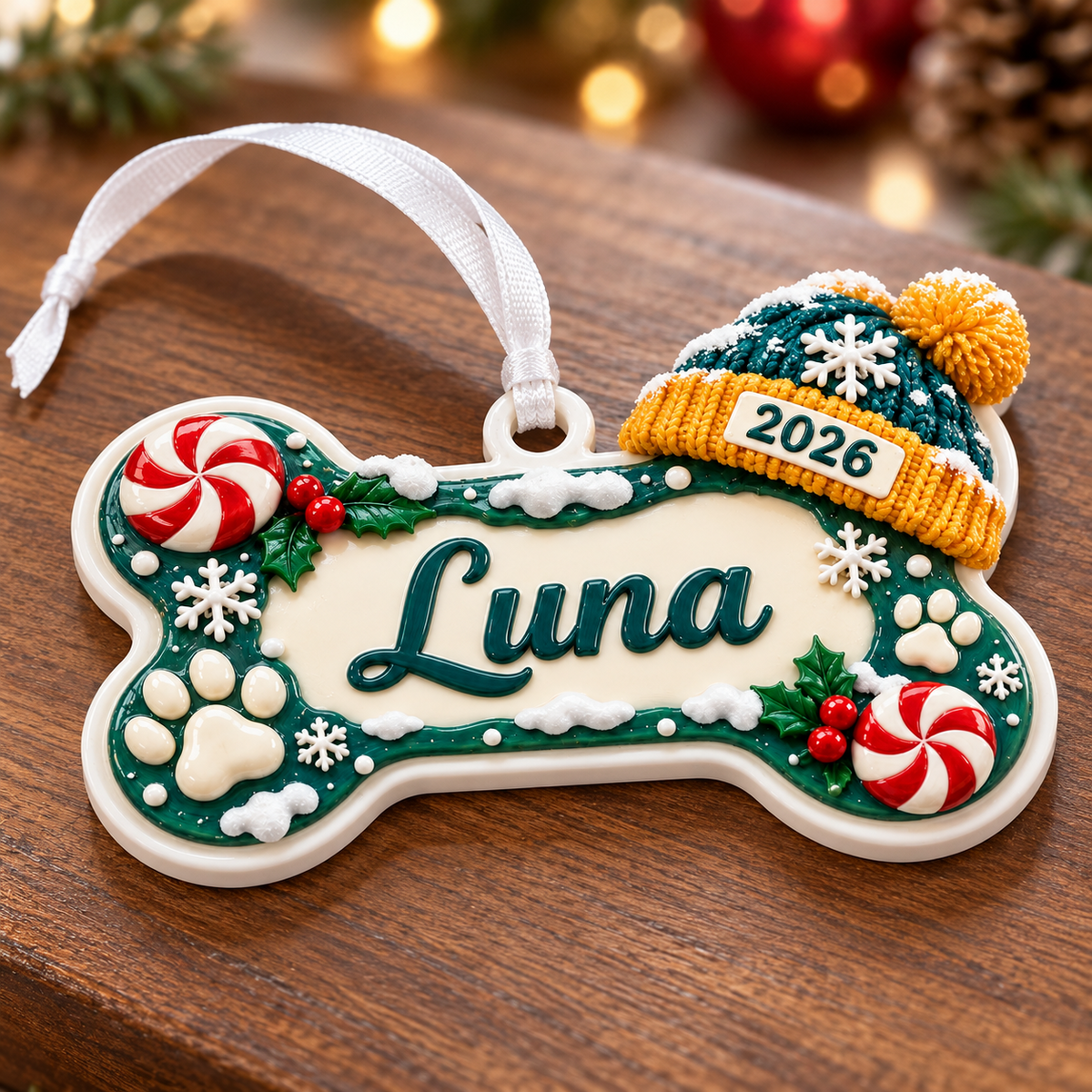 Dog Bone Holiday Keepsake with Knit Beanie Hat and Peppermint Details - 3D Relief Ornament