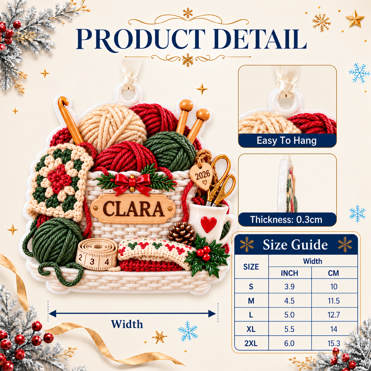 Crochet and Knitting Basket Yarn Balls Holiday Keepsake - 3D Relief Ornament