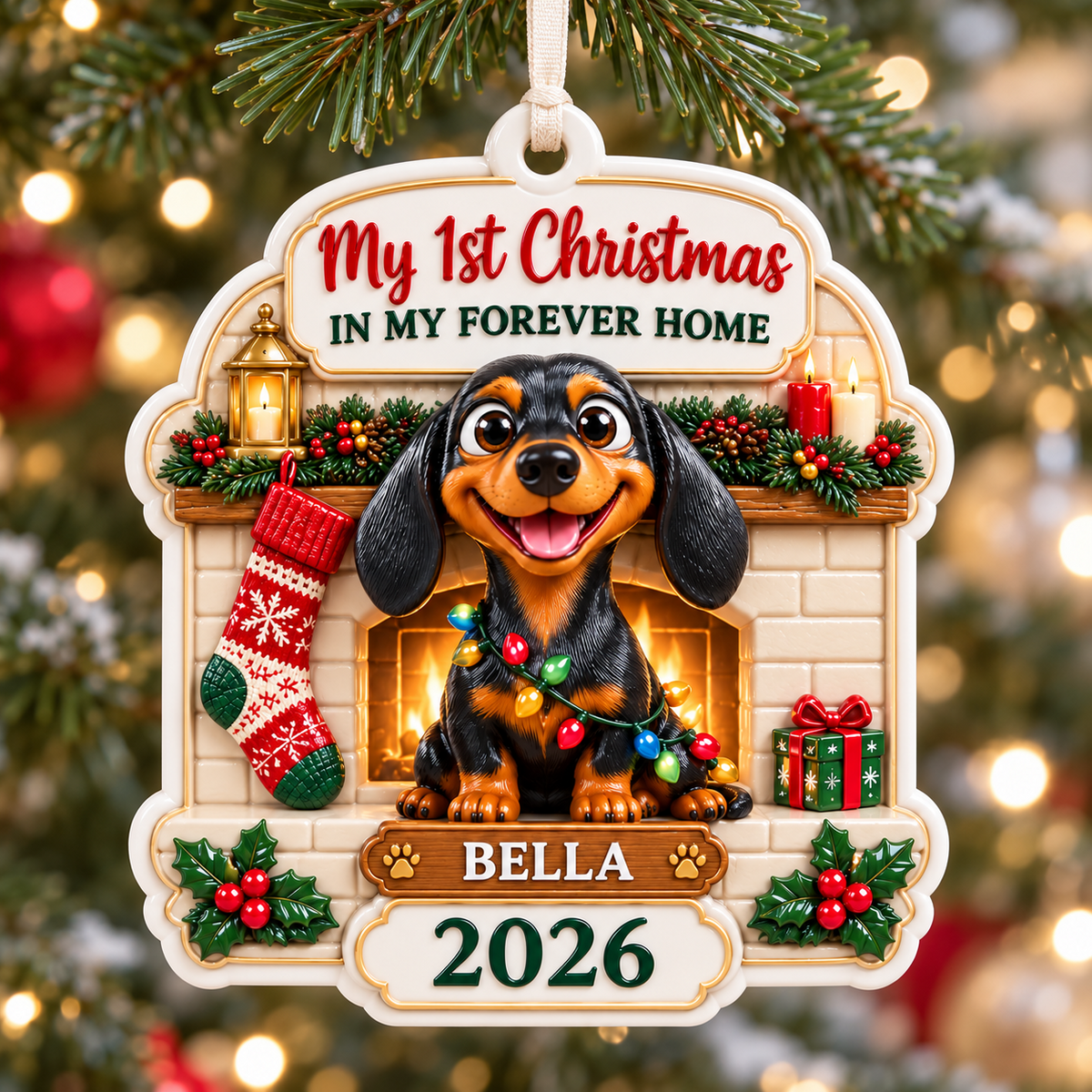 Dachshund Puppy by Fireplace First Christmas Dog Tag Keepsake - 3D Relief Ornament