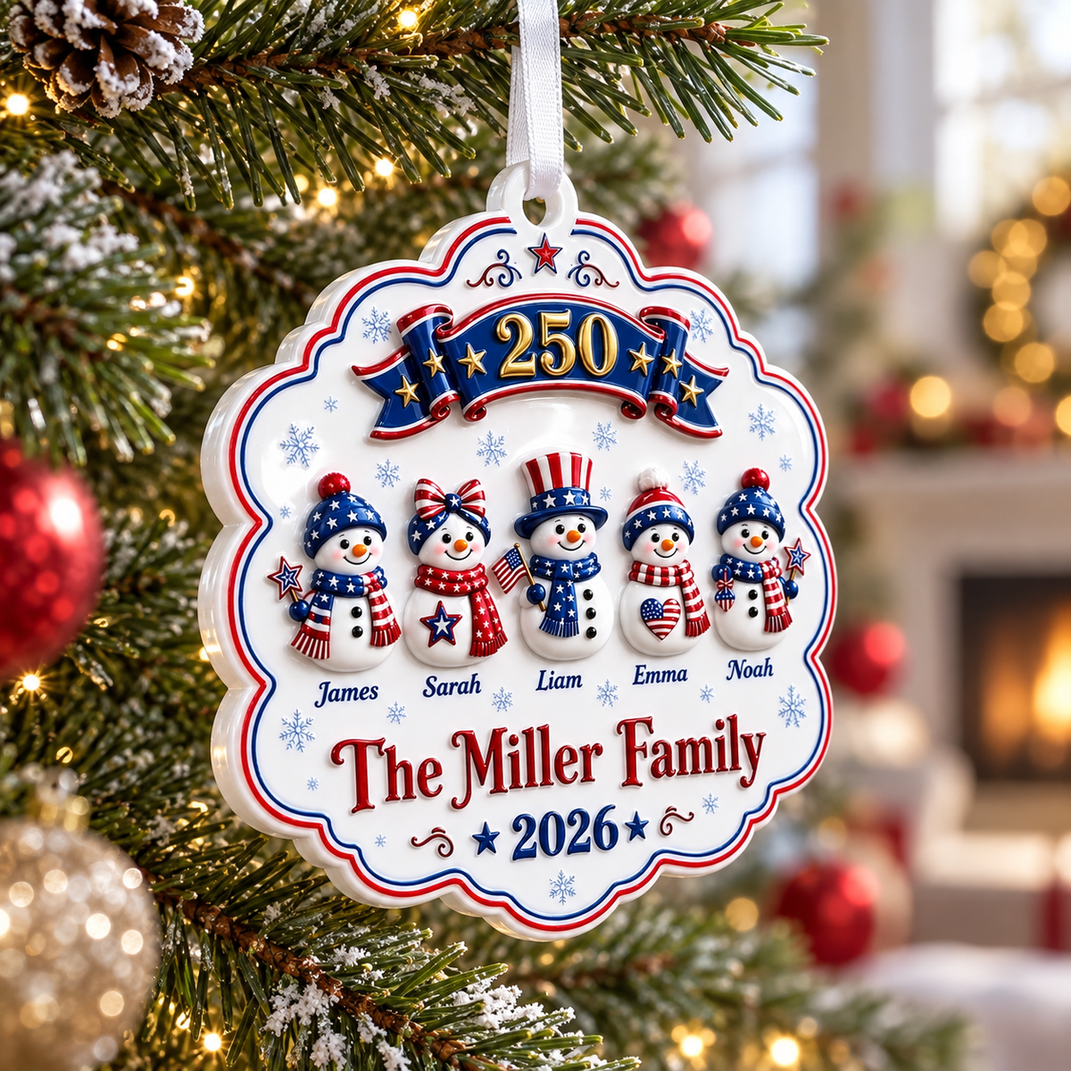 Patriotic Snowman Family of 5 America 250th Scalloped Christmas Hanging Keepsake - 3D Relief Ornament