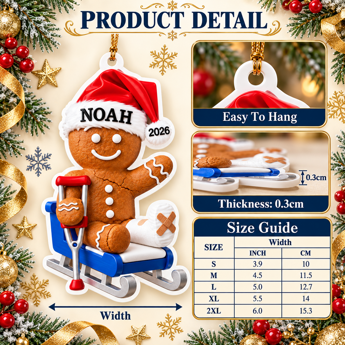 Gingerbread Man with Leg Cast and Crutch on Sled Holiday Keepsake - 3D Relief Ornament