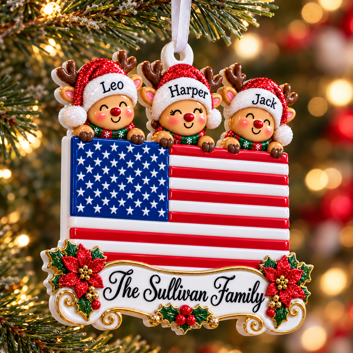 American Flag Family of 3 Reindeer Holiday Tree Hanging Decor - 3D Relief Ornament