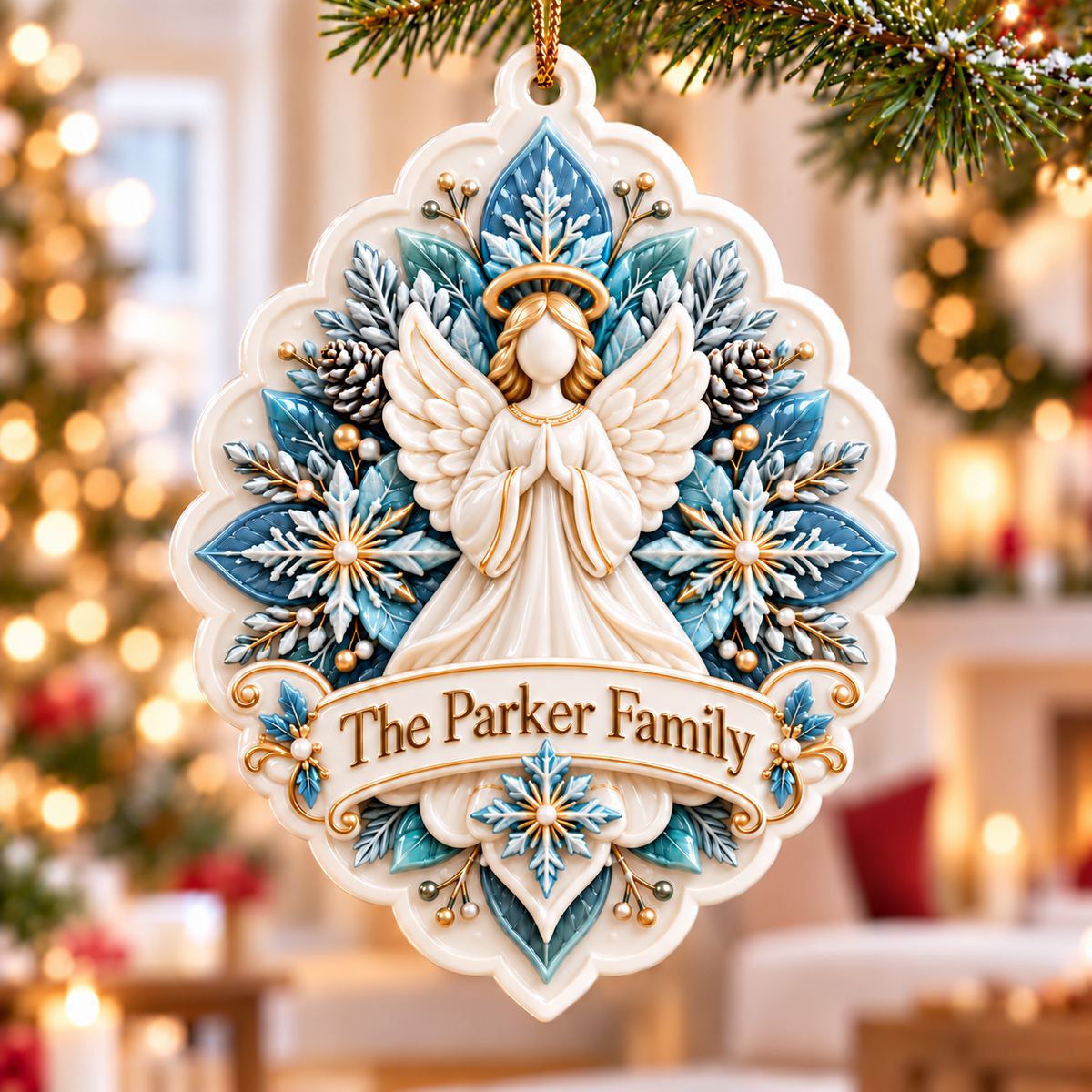 Praying Christmas Angel with Snowflake Medallion Frame - 3D Relief Ornament