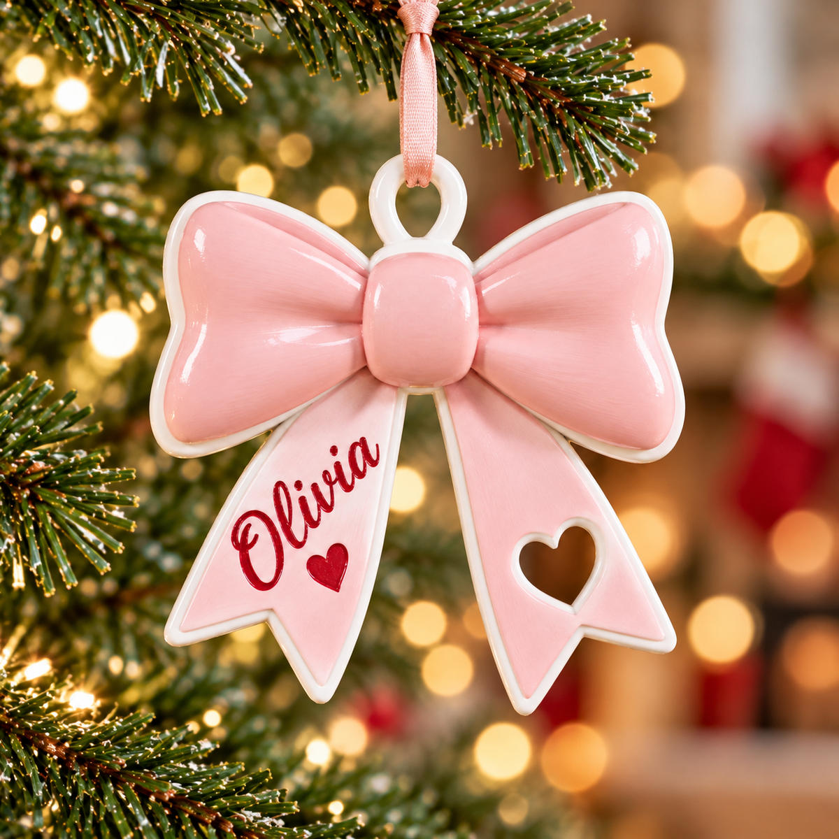 Coquette Pink Ribbon Bow Holiday Tree Keepsake with Heart Cutout - 3D Relief Ornament