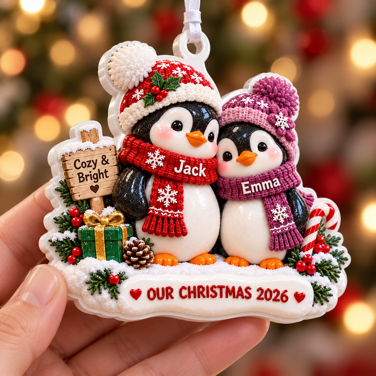 Winter Penguin Couple Holiday Keepsake with Knit Beanies and Snow Base - 3D Relief Ornament