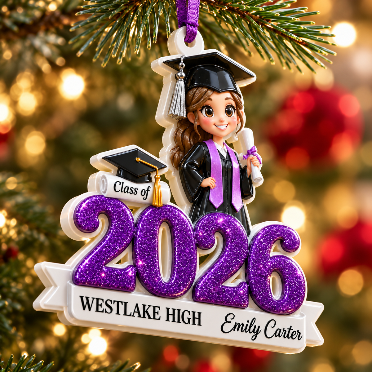 Graduate Girl Class of 2026 Purple Glitter Cap and Gown Keepsake - 3D Relief Ornament