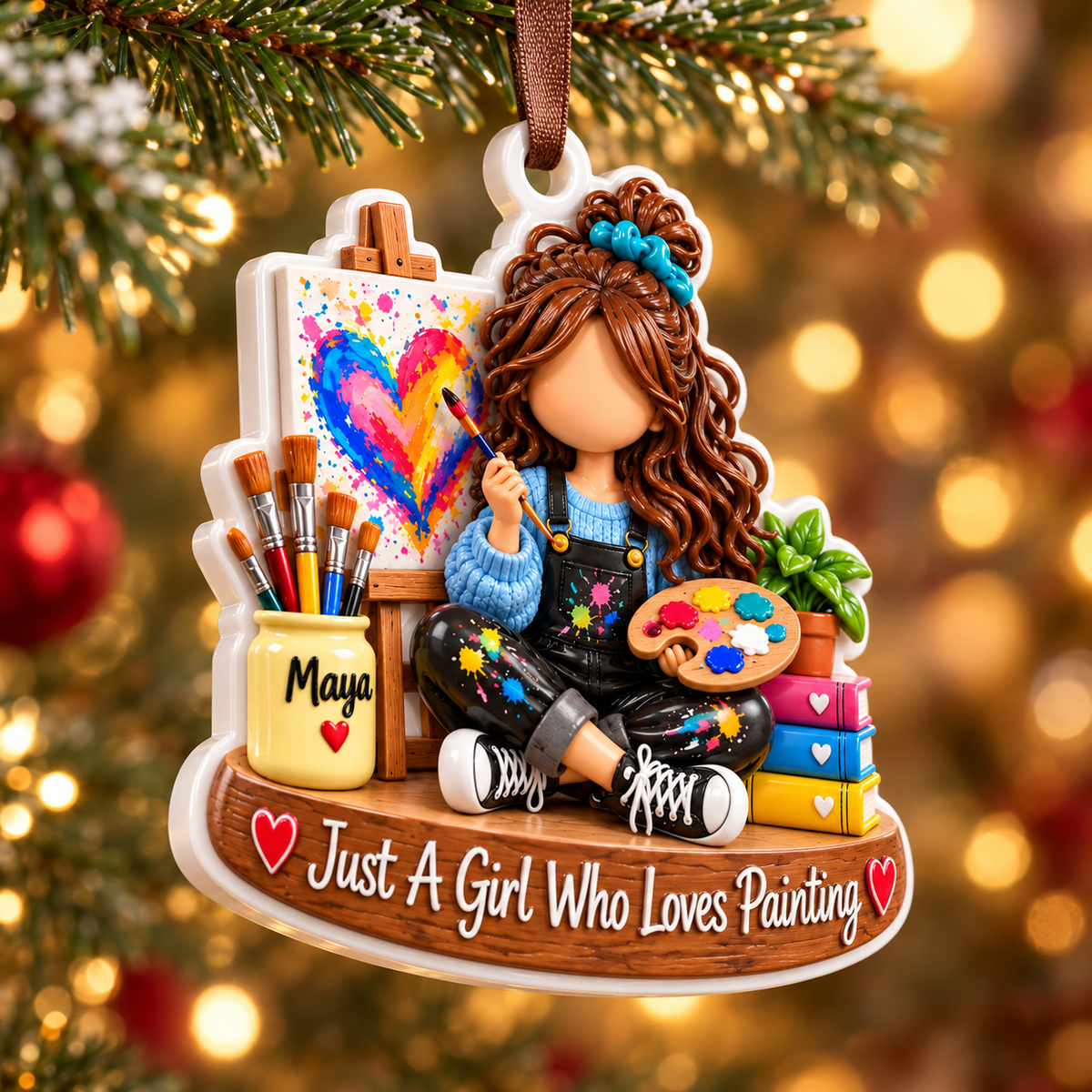 Girl Artist with Easel and Paint Palette Acrylic Hanging Keepsake - 3D Relief Ornament