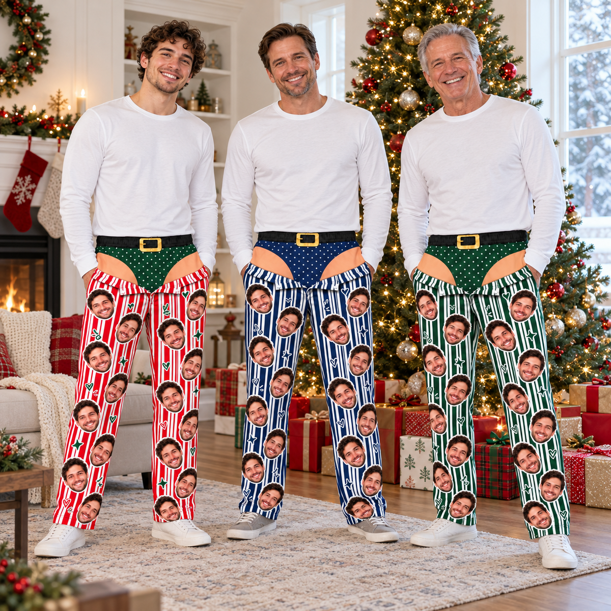 Men Novelty Christmas Pajama Pants Striped Holiday Lounge Bottoms