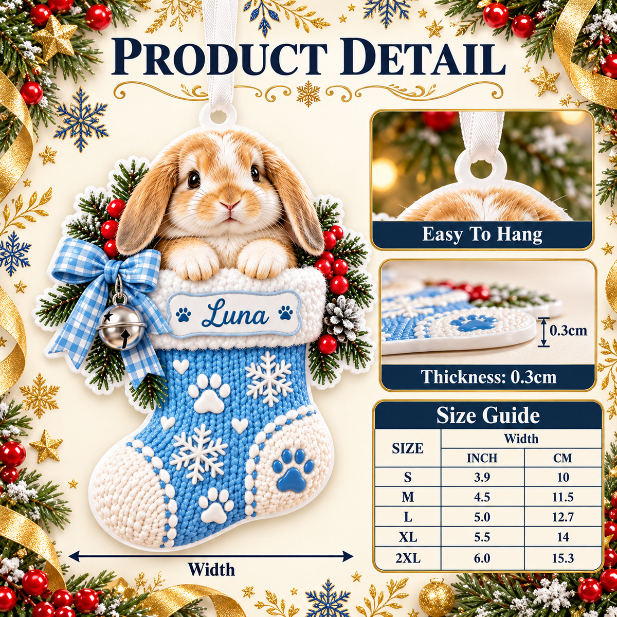 Lop Eared Bunny in Knitted Christmas Stocking Acrylic Holiday Decor - 3D Relief Ornament